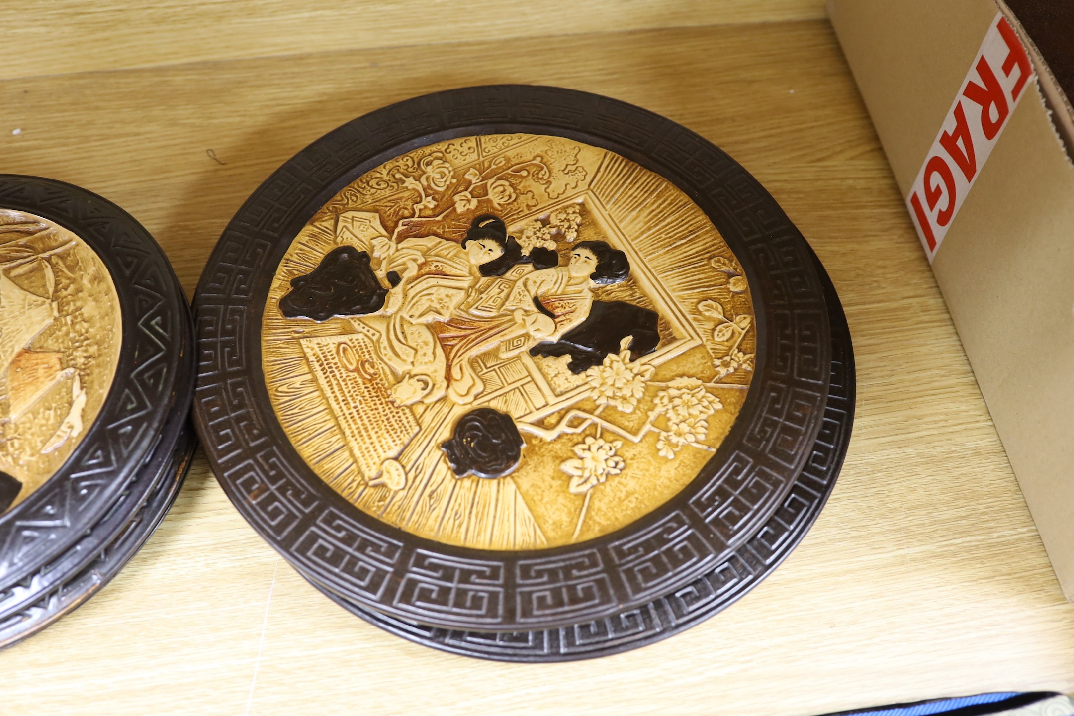 3 large and 5 smaller Bretby chinoiserie wall plates, largest 33cm